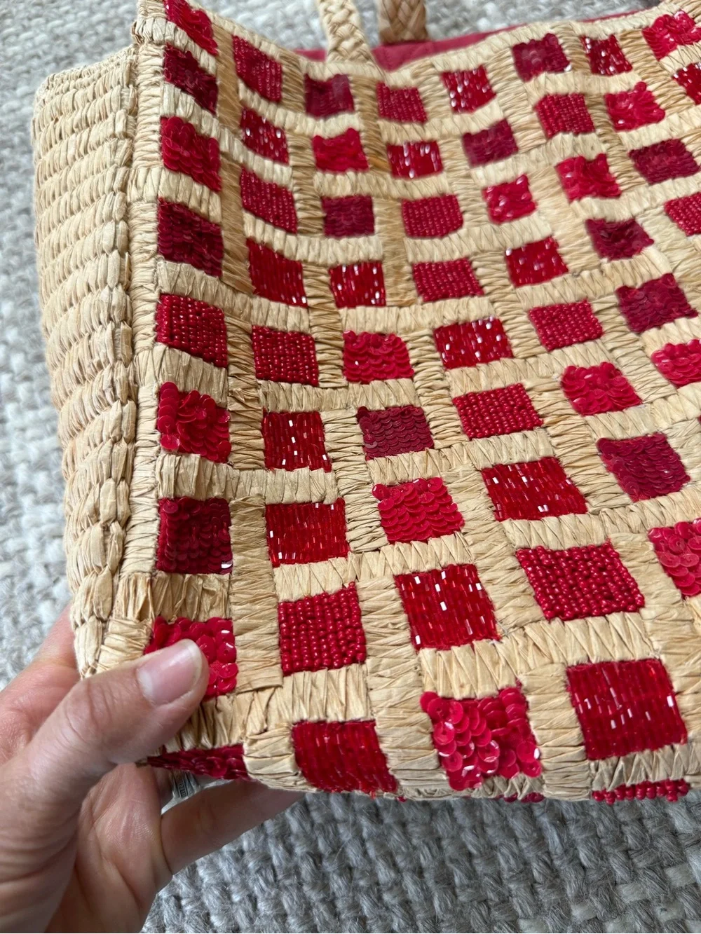 Anthropologie Sequin Raffia Tote red